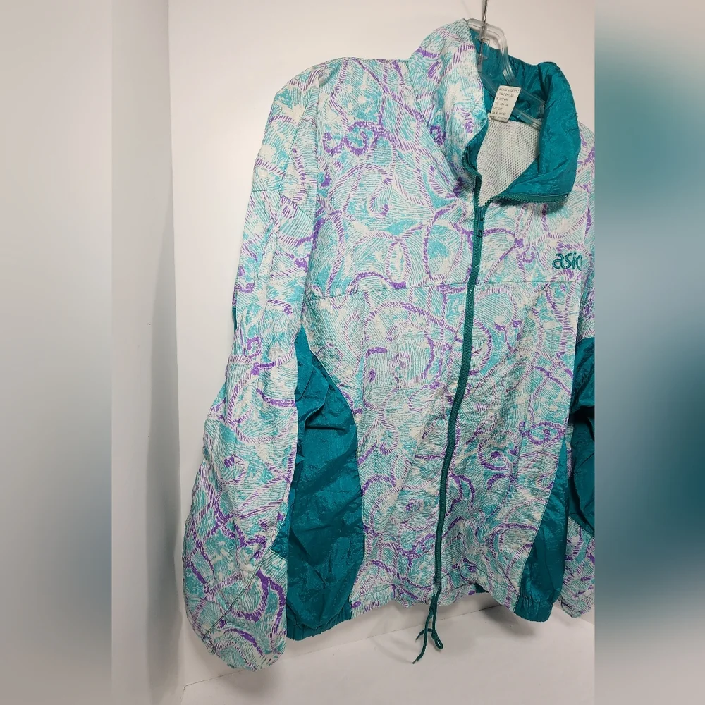 VINTAGE ASICS Womens Lightweight Windbreaker Running Full-Zip Large Green Tribal - Picture 3 of 11